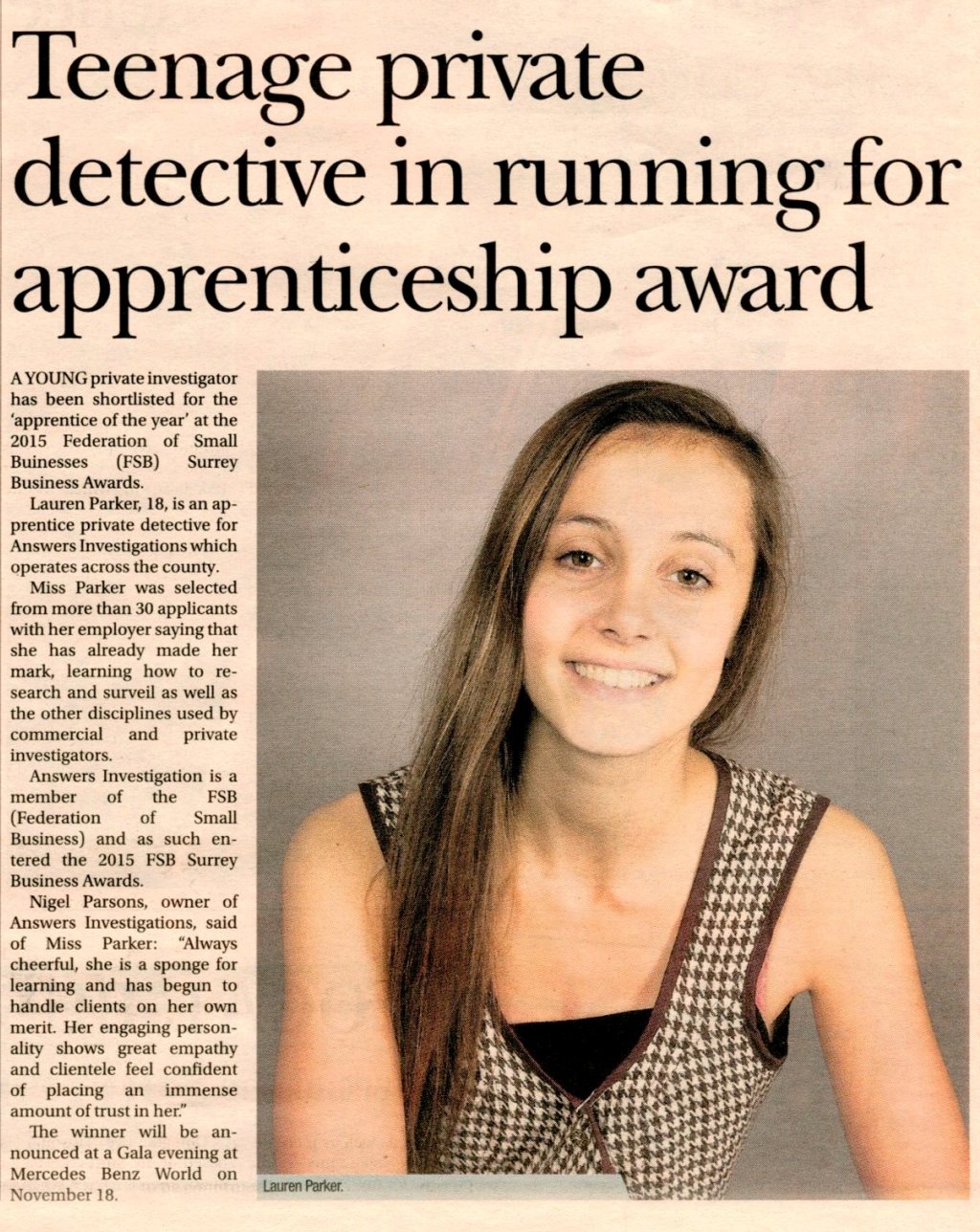 Teenage private detective apprenticeship award Detective camberley & surrey